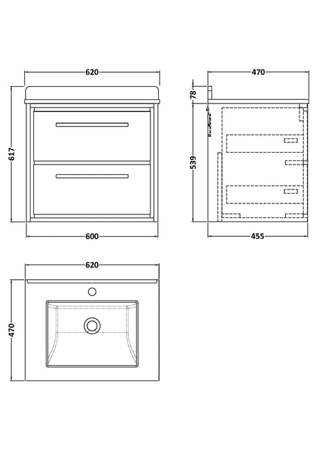 Hudson Reed Lille 600mm Wall Hung Antique Oak 2-Drawer Vanity Basin With Soft Close Drawers