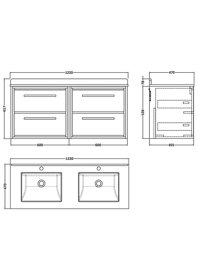 Hudson Reed Lille 1220mm Wall Hung 4-Drawer Vanity Unit With Double Marble Basins