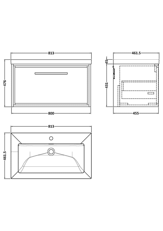 Lille 800mm Wall Hung Single Drawer Vanity with Basin - 1 Tap Hole