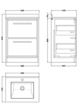 Hudson Reed Lille 600mm Antique Oak Floor Standing 2-Drawer Vanity Unit With Marble Worktop Basin