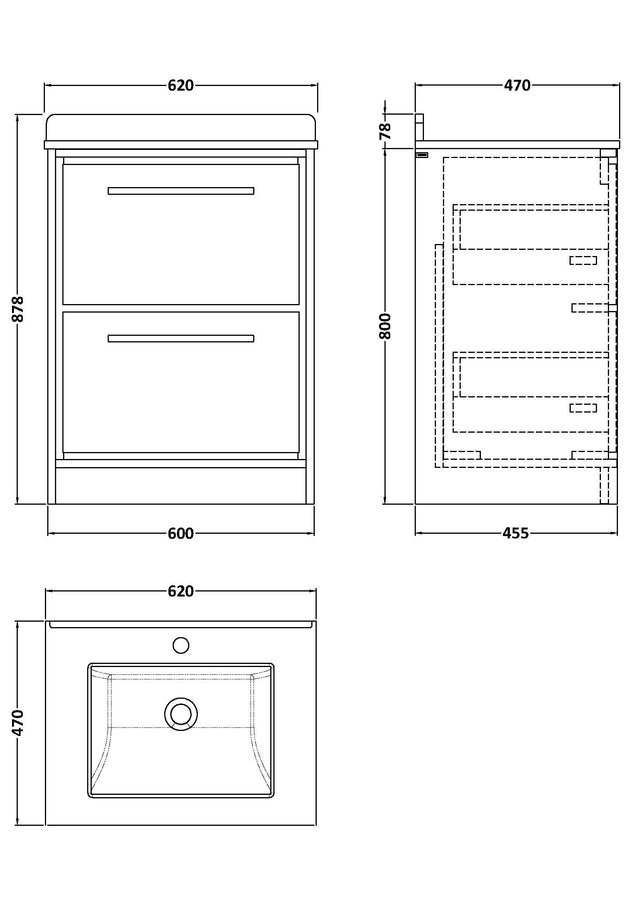 Hudson Reed Lille 600mm Antique Oak Floor Standing 2-Drawer Vanity Unit With Marble Worktop Basin