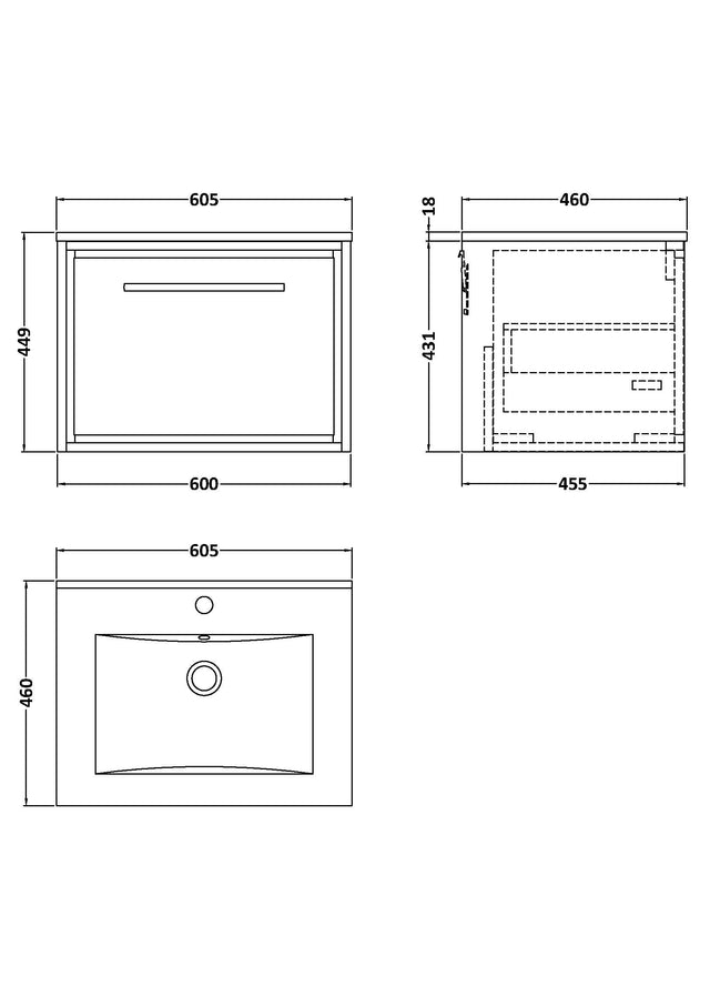 Lille 600mm Wall Hung Single Drawer Vanity with Basin - 1 Tap Hole