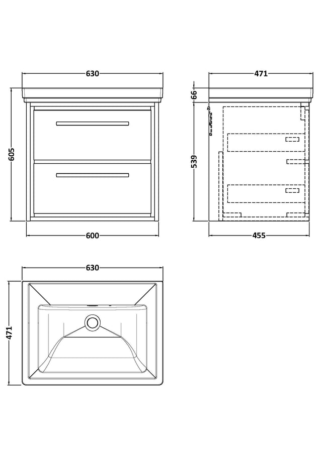 Hudson Reed Lille 600mm Wall Hung 2-Drawer Vanity Unit with 0 Tap Hole Basin