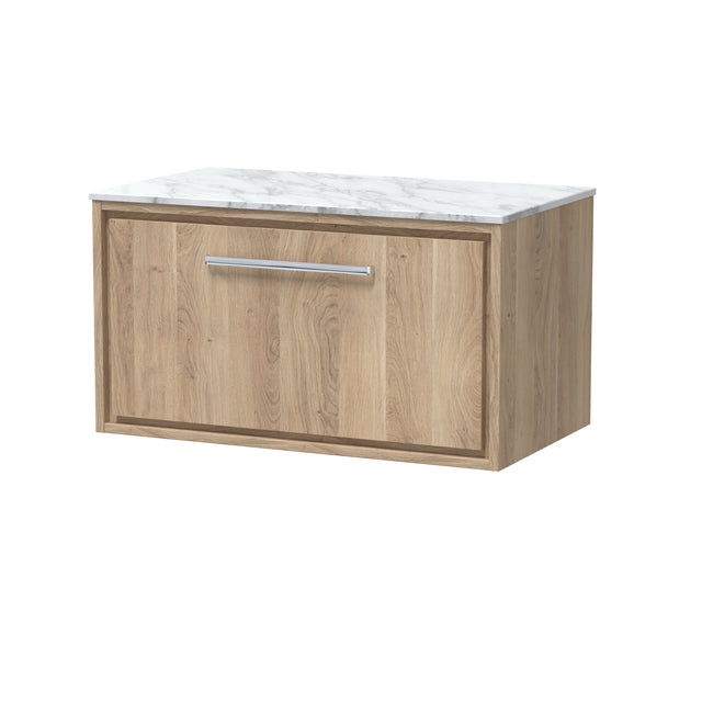 Hudson Reed Lille 800mm Bleached Oak Wall Hung Single Drawer Vanity Unit With Marble Worktop & Soft Close Drawers