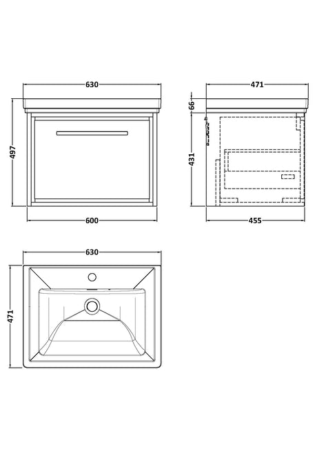 Lille 600mm Wall Hung Single Drawer Vanity with Basin - 1 Tap Hole