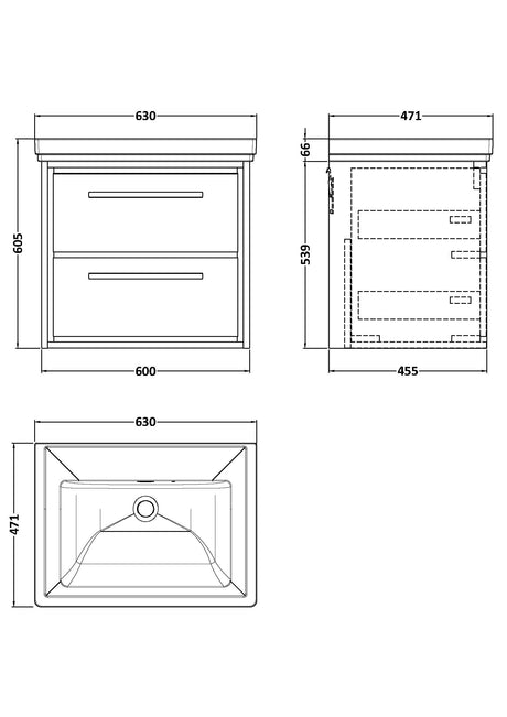 Lille 600mm Wall Hung 2-Drawer Vanity with Basin - 0 Tap Hole