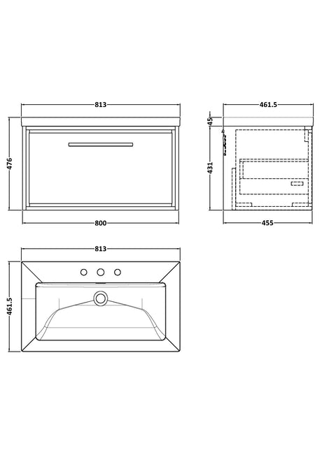 Lille 800mm Wall Hung Single Drawer Vanity with Basin - 3 Tap Hole