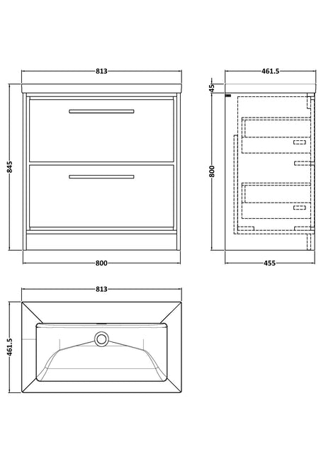 Lille 800mm Floor Standing 2-Drawer Vanity with Basin - 0 Tap Hole