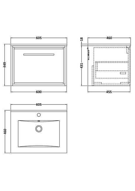 Hudson Reed Lille 600mm Wall Hung Single Soft Close Drawer Vanity Unit With Basin, Fully Assembled