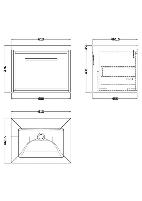 Lille 600mm Wall Hung Single Drawer Vanity with Basin - 0 Tap Hole
