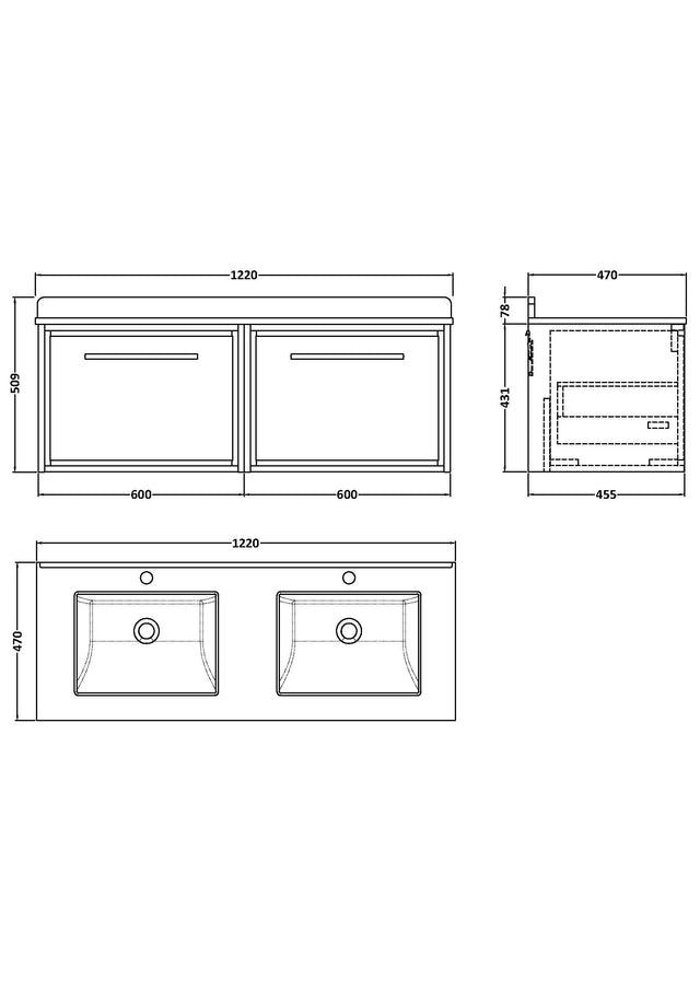 Hudson Reed Lille 1200mm Wall Hung Vanity Unit With Marble Worktop & Double Basins