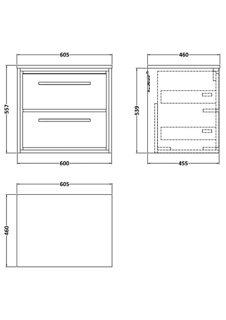 Lille 600mm Wall Hung 2-Drawer Vanity with Worktop