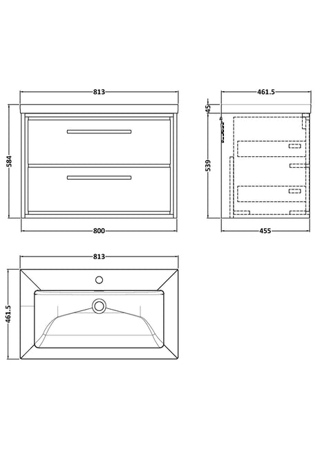Hudson Reed Lille 800mm Wall Hung 2-Drawer Vanity Unit With 1 Tap Hole Basin