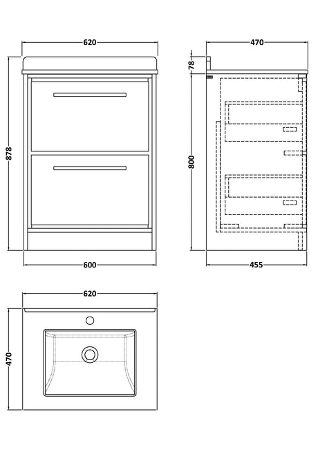 Lille 600mm Floor Standing 2-Drawer Vanity with Marble Worktop Basin
