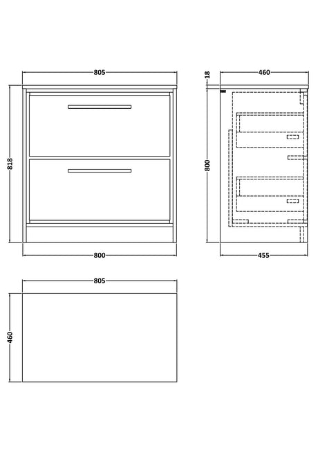 Lille 800mm Floor Standing 2-Drawer Vanity with Worktop