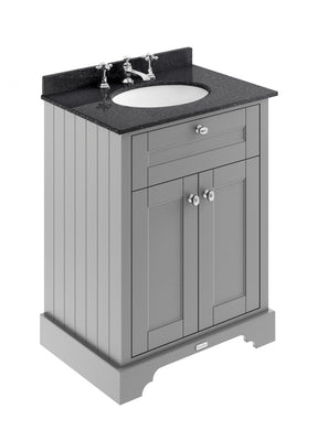 Hudson Reed Old London 600mm Storm Grey Floor Standing 2 Door Vanity Unit with 3 Tap Hole Black Marble Top