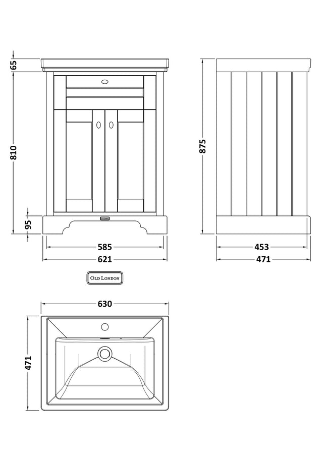 Hudson Reed Old London 600mm Floor Standing 2 Door Vanity Unit & 1 Tap Hole Fireclay Basin
