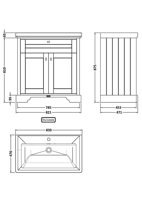 Hudson Reed Old London 800mm Twilight Blue Floor Standing 2 Door Vanity Unit With 1 Tap Hole Fireclay Basin