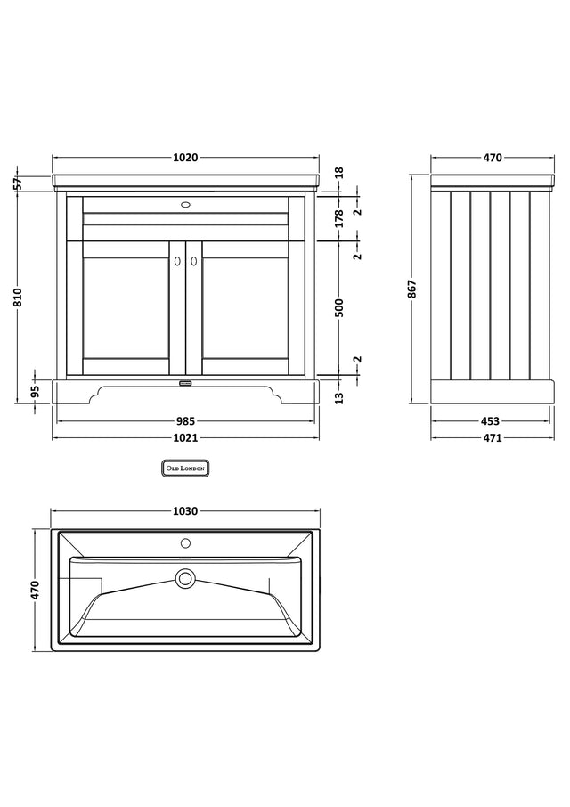 Hudson Reed Old London Traditional 1000mm Twilight Blue Floor Standing Vanity Unit With Fireclay Basin