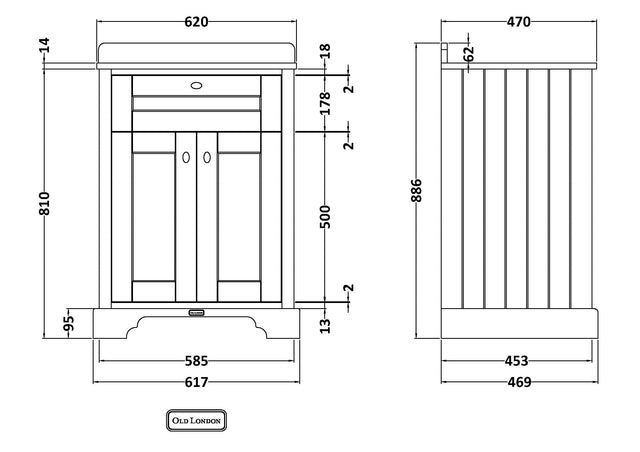 Hudson Reed Old London 600mm Floor Standing 2 Door Vanity Unit with 3 Tap Hole Black Marble Top Basin