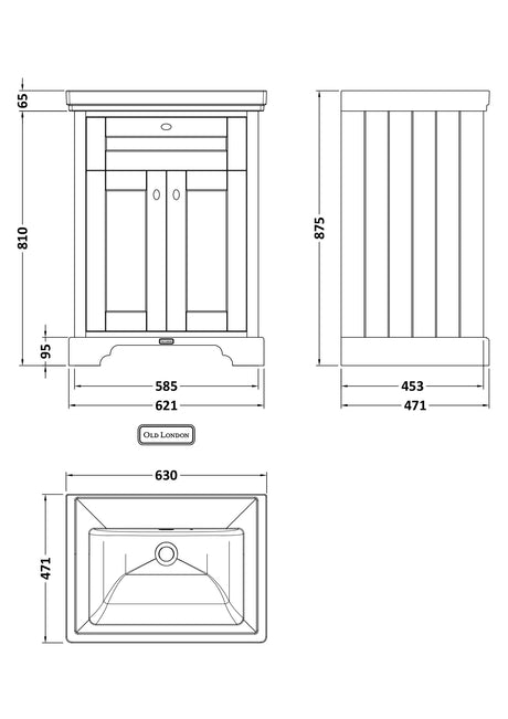 Hudson Reed Old London Twilight Blue 630mm Floor Standing 2 Door Vanity Unit With Fireclay Basin