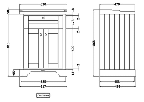 Hudson Reed Old London 600mm Floor Standing Vanity Unit With 3 Tap Hole Ceramic Basin