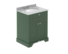 Hudson Reed Old London 620mm Hunter Green Floor Standing 2 Door Vanity Unit With 3 Tap Hole Grey Marble Top Basin
