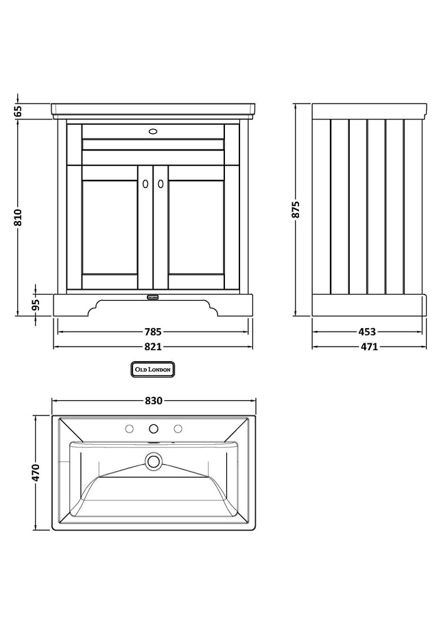 Hudson Reed Old London 800mm Floor Standing 2 Door Vanity Unit with 3 Tap Hole Basin