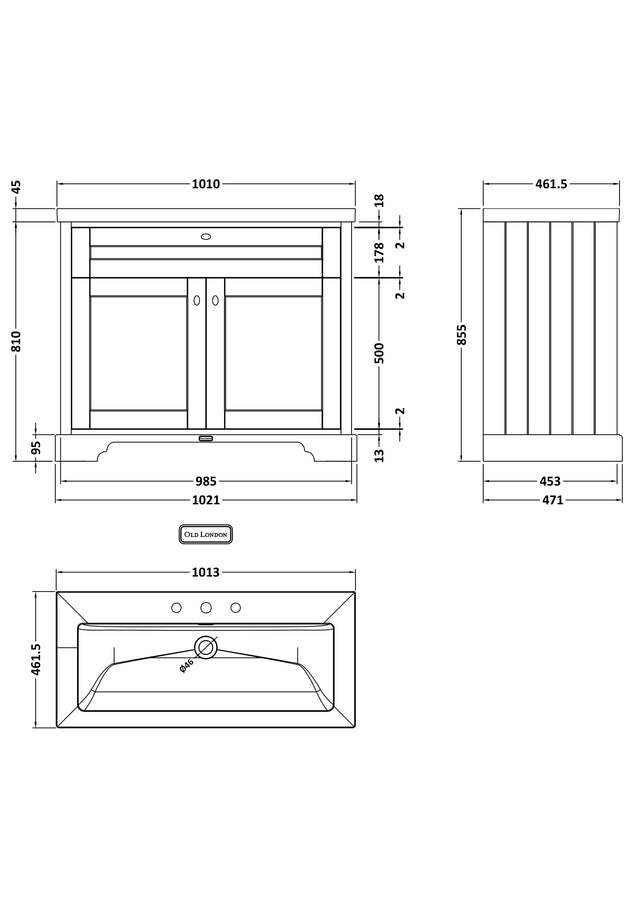 Old London 1000mm 2-Door Unit & Contemporary Fireclay Basin 3TH