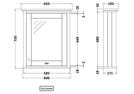Hudson Reed Old London 650mm 1 Door Storm Grey Wall Hung Mirror Cabinet With Handles
