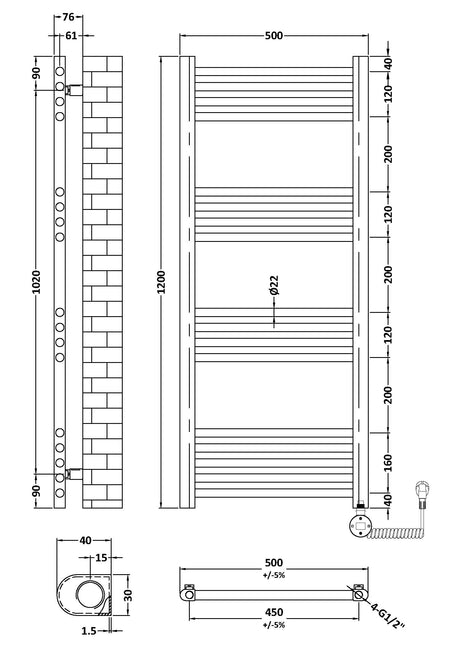 Electric Round Tube Towel Rail with 17 Bars, 1200mm x 500mm