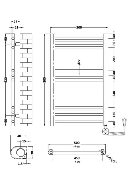 Electric Round Tube Towel Rail with 10 Bars, 800mm x 500mm