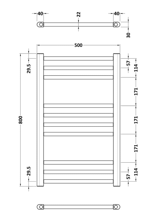 Lorica Straight Towel Radiator with Round Rails 800mm x 500mm
