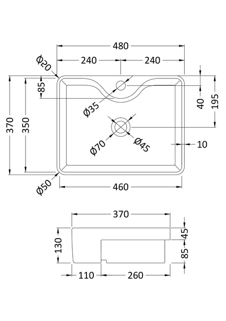 Semi-Recessed Basin 480 x 370 x 130mm