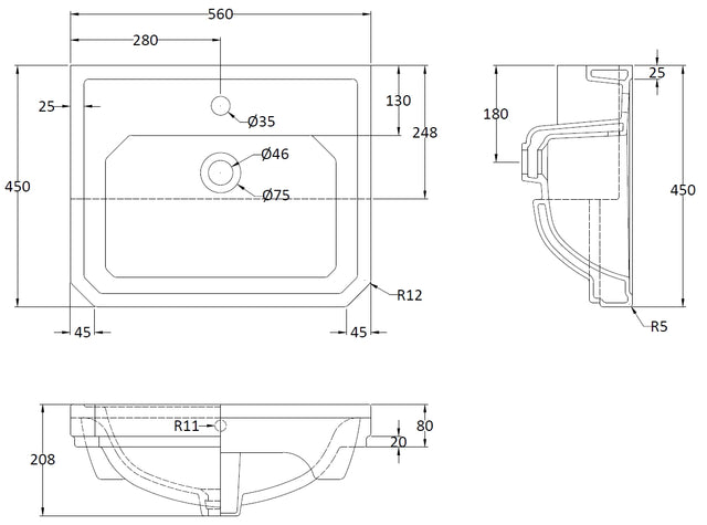 Richmond 560mm Semi Recessed Basin 1 Tap Hole