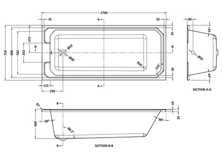 Art Deco Straight Shower Bath 1700 x 750mm