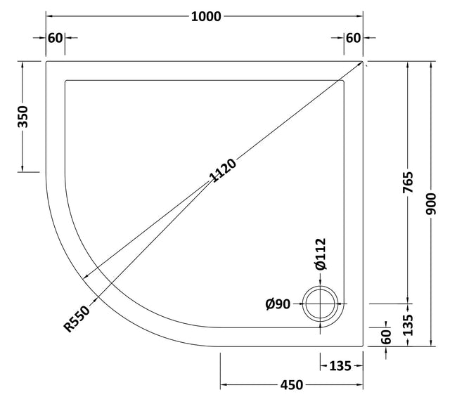 Offset Quadrant Slimline Shower Tray Left Hand 1000 x 900mm