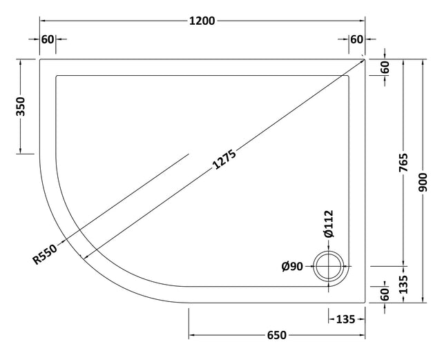 Offset Quadrant Slimline Shower Tray Left Hand 1200 x 900mm