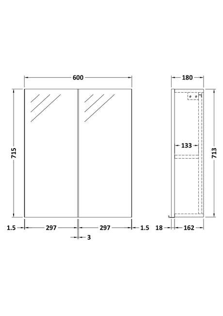 Fusion Fitted Wall Hung 2 Door Mirror Unit (50/50) 600mm