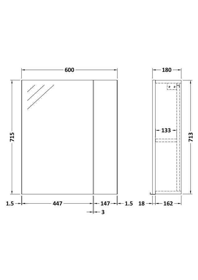 Fusion Fitted Wall Hung 2 Door Mirror Unit (75/25) 600mm