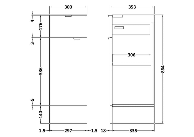 Hudson Reed Fusion 300mm 1 Door Drawer Graphite Grey Woodgrain Floor Standing Cabinet With Handles