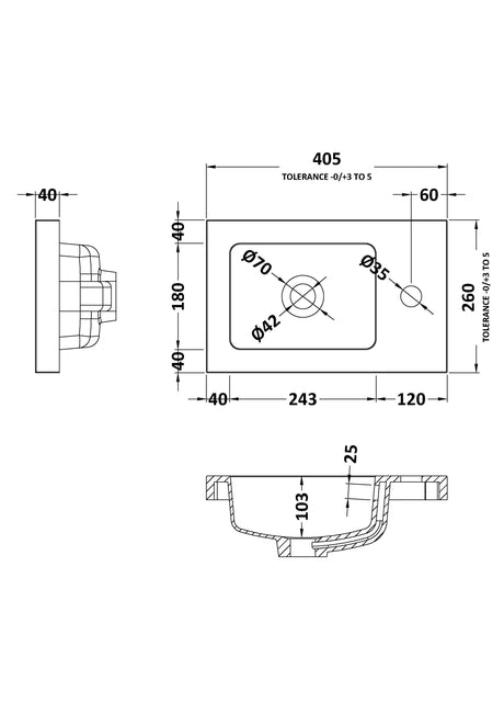 Fusion Fitted Square Compact 1 Tap Hole Polymarble Basin 400mm