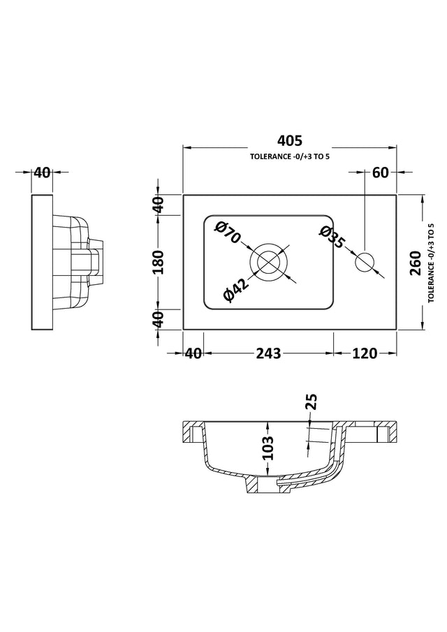 Fusion Fitted Square Compact 1 Tap Hole Polymarble Basin 400mm