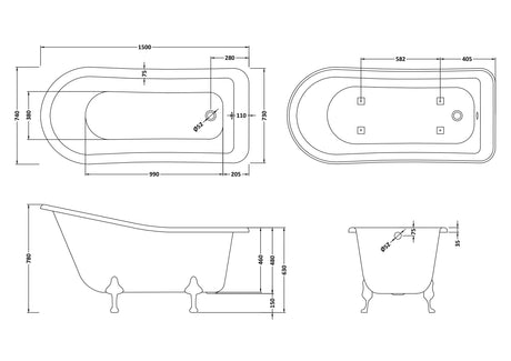 Hudson Reed 1500mm Freestanding Bath With Pride Legs