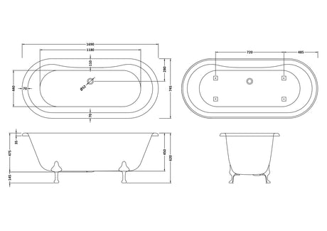 Hudson Reed 1690mm Freestanding Bath With Corbel Legs