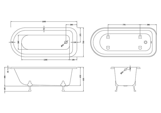 Hudson Reed 1690mm Freestanding Bath With Deacon Legs