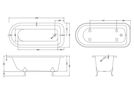 Hudson Reed 1690mm Freestanding Bath With Corbel Legs