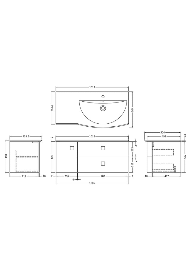 Hudson Reed Sarenna 1000mm Moon White Wall Hung Right Hand 2 Drawer 1 Door Vanity Unit with Basin