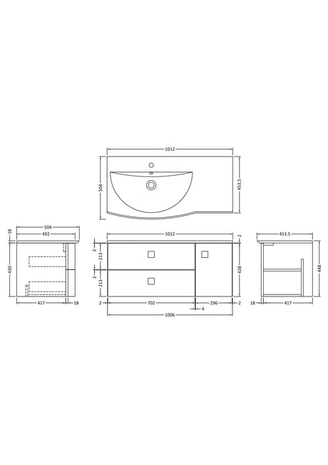 Hudson Reed Sarenna 1000mm Dove Grey Left Hand 2 Drawer 1 Door Wall Hung Vanity Unit with Basin