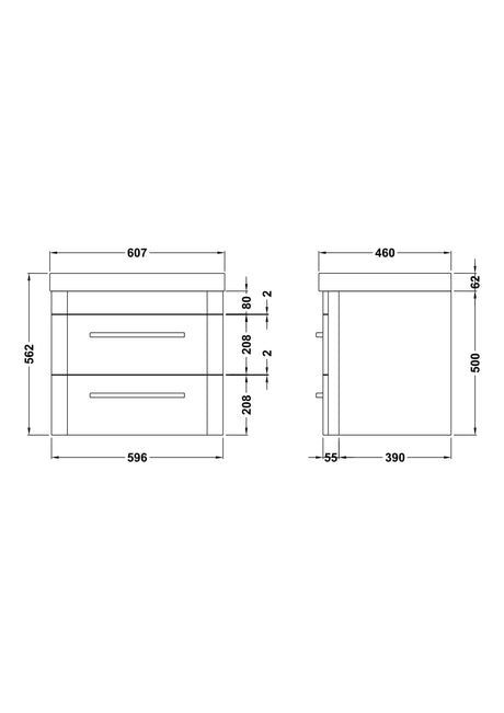Hudson Reed Solar 600mm Wall Hung 2 Drawer Vanity Unit With Ceramic Basin